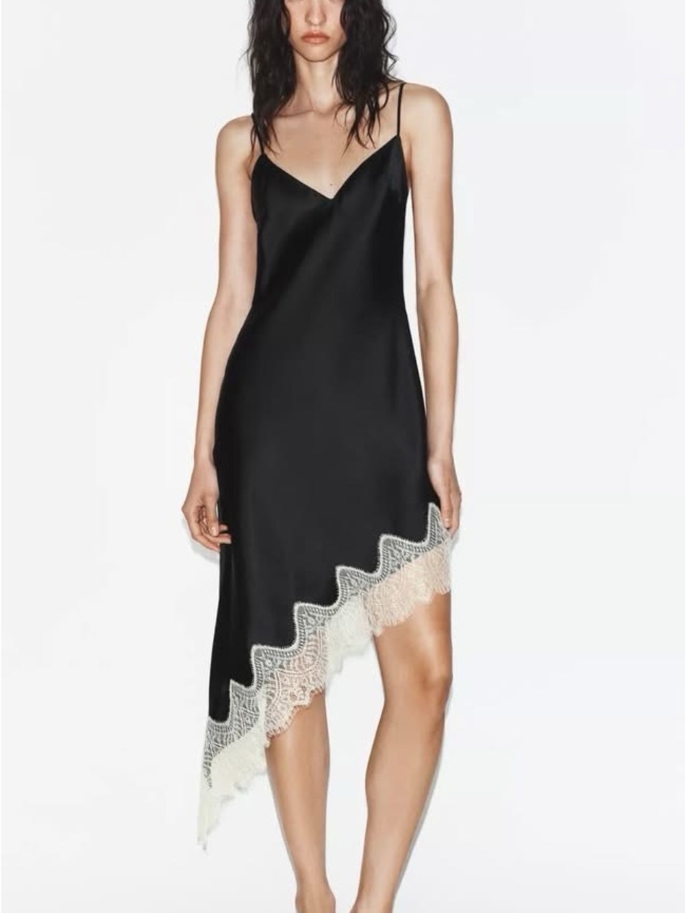 Zara Black Asymmetrical Slip Dress with Cream Lace Hem
